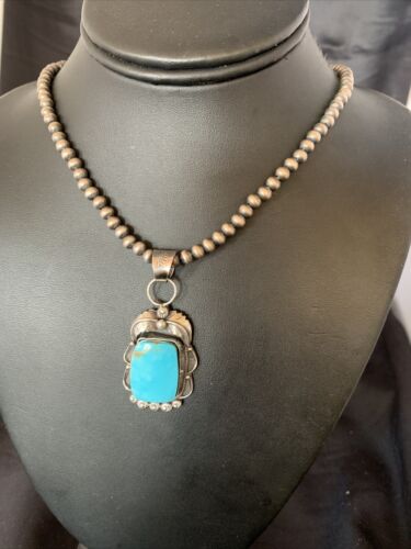 Men's Navajo Pearls Sterling Silver Necklace | Blue Kingman Turquoise Pendant | 12967