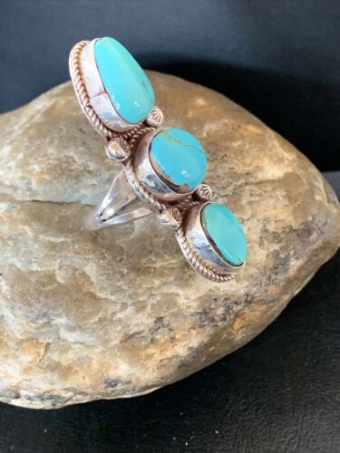 Navajo Blue Turquoise Cluster Ring | Authentic Native American Sterling Silver | Multi-Stone | Sz 8 | 2121