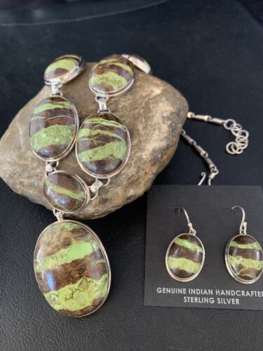 Navajo Green Gaspeite Necklace Choker Earrings Set | Sterling Silver Pendant | 19" | Authentic Native American Handmade | 13794