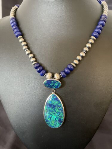 Women's Sterling Silver Necklace | Blue Lapis Bead Opal Inlay Pendant | Multi-Stone | 10584