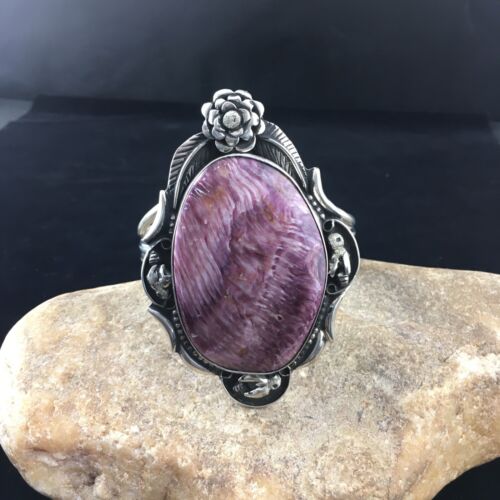 Navajo Purple Spiny Oyster Row Cuff Bracelet | Sterling Silver | XL Men's | Authentic Native American Handmade | 10111