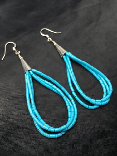 Liquid Silver Heishi Dangle Earrings | Blue Turquoise | Sterling Silver | 3-Strand | 2.5" | 4371