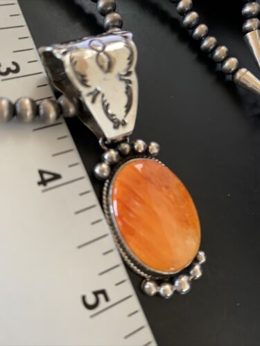 Navajo Orange Spiny Oyster Pendant Necklace | Sterling Silver | Authentic Native American Handmade | 13082