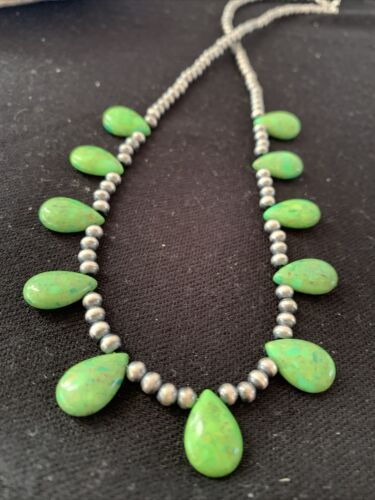 Navajo Green Mojave Turquoise Necklace | Sterling Silver | Authentic Native American Handmade | 01315