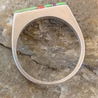 Southwestern Navajo Green Gaspeite Sugilite Red Coral Inlay Ring | Sz 7 | 02248