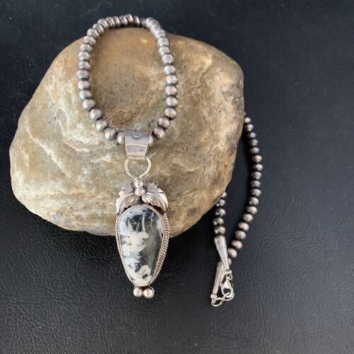 Men's Navajo Pearl White Buffalo Turquoise Sterling Necklace Pendant | 13757