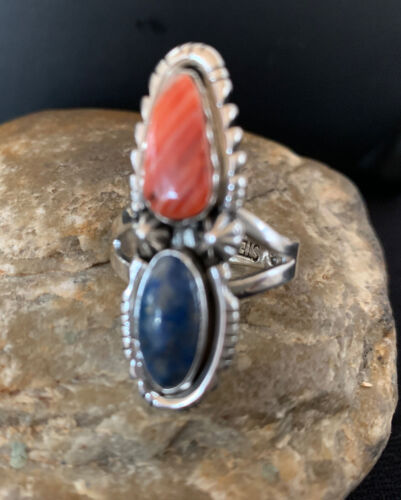 Navajo Red Spiny Oyster, Lapis, and Multi-Stone Ring | Authentic Native American Sterling Silver | Sz 10.5 | 1077