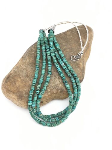 Native American Sterling Silver 3-Strand Turquoise Heishi Necklace | 27" | 6mm Beads | 1138 - Masha USA