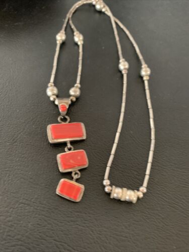 Native American Old Pawn Apple Coral Necklace | Sterling Silver | 19" | 02187