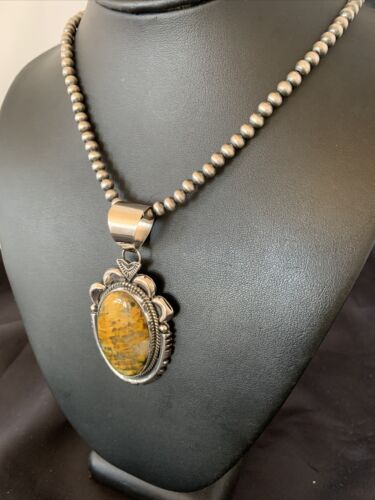Men's Navajo Pearl Necklace with Sterling Silver Coffee Tiger's Eye Pendant | Authentic Native American Handmade | 11688 - Masha USA