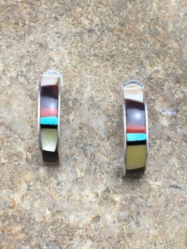 Navajo Mother of Pearl Onyx Turquoise Inlay Earrings | Sterling Silver | 0.8" | Authentic Native American Handmade | 1068