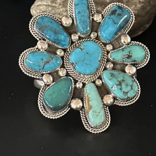 Navajo Sterling Silver Cluster Kingman Turquoise Cuff Bracelet | Authentic Native American Handmade | 14586