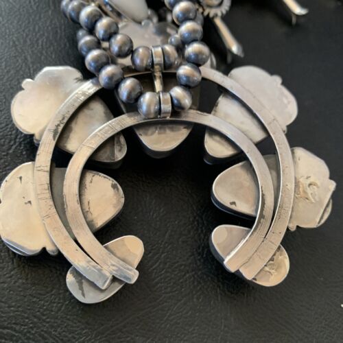 Navajo White Buffalo Turquoise Sterling Squash Blossom Necklace | Naja Pendant | 10957