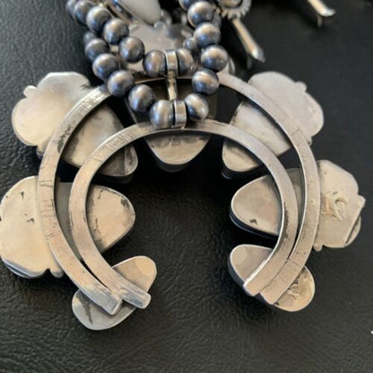 Navajo White Buffalo Turquoise Sterling Squash Blossom Necklace | Naja Pendant | 10957