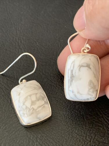 Navajo Sterling Silver White Howlite Black Dangle Rectangle Earrings | 0.75" | 12070