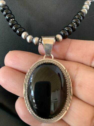 Native American Men's Navajo Pearl Necklace Pendant | Sterling Silver Black Onyx | 11740