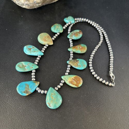 Southwestern Navajo Pearls Necklace | Sterling Silver | Blue Turquoise Teardrop | 14300