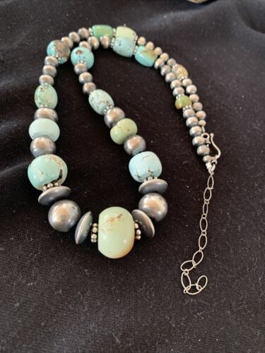 Sterling Silver Navajo Pearls Necklace | Dry Creek Turquoise Beads | Native American Handmade |21" | 01387