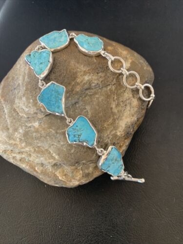 Navajo Blue Kingman Turquoise Rough Link Bracelet | Sterling Silver | 8" | 11652
