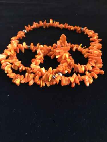 Navajo Orange Coral Necklace | Sterling Silver | 36" | Authentic Native American Handmade | 10044