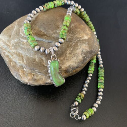 Navajo Green Gaspeite Turquoise Pendant | Sterling Silver | Authentic Native American Handmade | 13272