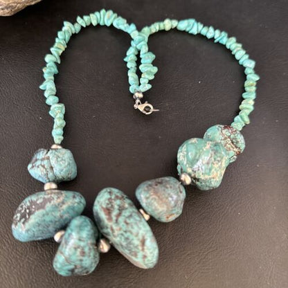 Navajo Chunky Blue Turquoise Nugget Necklace | Sterling Silver | Authentic Native American Handmade | 20" | 14416