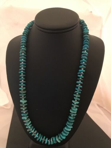 Santo Domingo Kingman Turquoise Necklace | Sterling Silver | 21" | Authentic Native American Handmade | 3996 - Masha USA