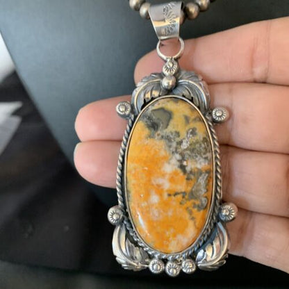 Navajo Bumblebee Jasper Pendant Necklace | Sterling Silver | Authentic Native American Handmade | 14201