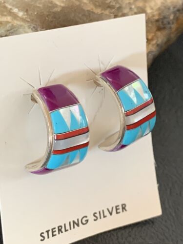Navajo Turquoise Purple Sugilite Mother of Pearl Dangle Inlay Earrings | Sterling Silver | 12909