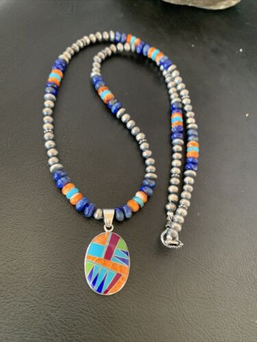 Navajo Multi-Color Spiny Turquoise Inlay Pendant | Sterling Silver | Authentic Native American Handmade | 10658