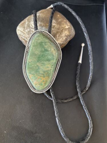 Men's Green Royston Turquoise Bolo Tie | 4" | Sterling Silver | Navajo | Authentic Native American Handmade | 14521