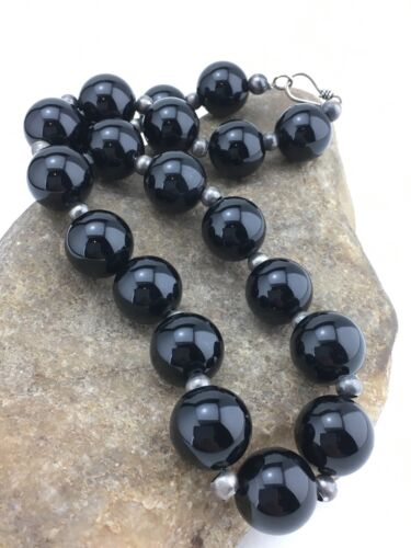 Navajo Sterling Silver Black Onyx Bead Necklace | 18" | Authentic Native American Handmade | 1104