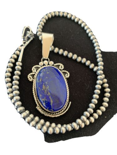 Native American Men's Navajo Pearls Necklace Pendant | Sterling Silver Blue Lapis | 1538