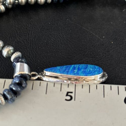 Blue Turquoise Lapis Necklace with Opal Pendant | Navajo Sterling Silver | Authentic Native American Handmade | 14367