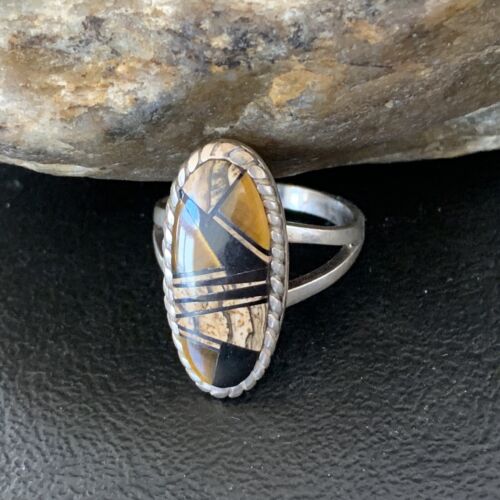 Navajo Black Onyx Coffee Tigers Eye Inlay Ring | Sterling Silver | Sz 8.5 | 10733