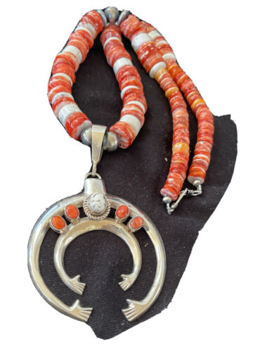 Turquoise Spiny Sterling Squash Blossom Necklace | Navajo Naja Pendant | Navajo Pearls | 21" | 00959