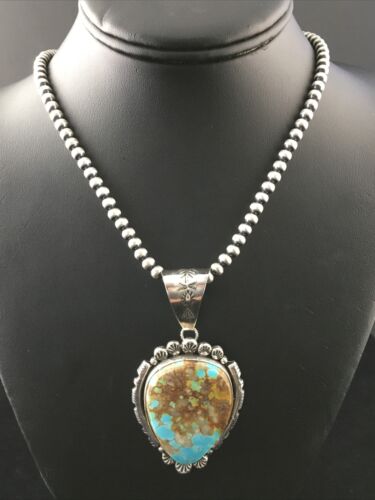 Navajo Kingman Blue Turquoise Pendant Necklace | Sterling Silver Pearls | Authentic Native American Handmade | 10093