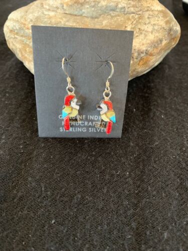 Native American Zuni Parakeet Bird Earrings | Sterling Silver Coral Turquoise | Handmade | 1713