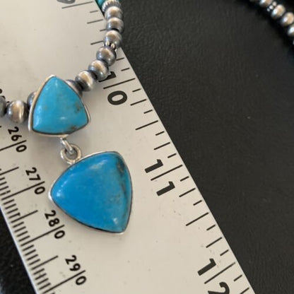 Navajo Pearl Necklace with Blue Cluster Turquoise Multi-Stone Pendant | Authentic Native American Sterling Silver | 12549