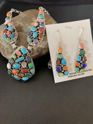 Navajo Multi-Color Turquoise Spiny Necklace & Earring Set | Sterling Silver | 2105