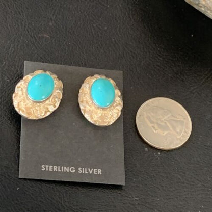 Southwestern Women's Blue Turquoise Nugget Earrings | Sterling Silver | Authentic Native American Handmade | 13012