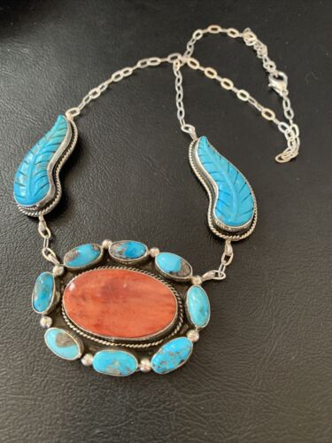Navajo Red Spiny Oyster & Blue Turquoise Necklace | Sterling Silver | 21" | Authentic Native American Handmade | 2112