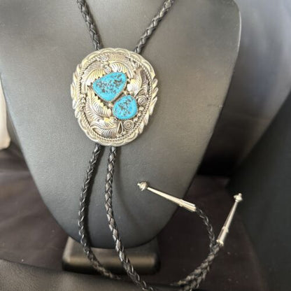Native American Men's Bolo Tie | Blue Kingman Turquoise | Sterling Silver | Navajo Handmade | 14280