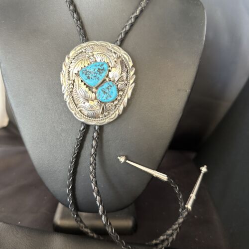 Native American Men's Bolo Tie | Blue Kingman Turquoise | Sterling Silver | Navajo Handmade | 14280