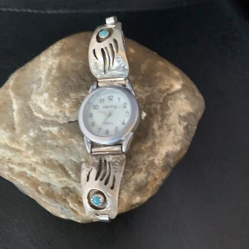 Women's Navajo Sterling Silver Watch Tips with Blue Turquoise | Bear Paw Design | Authentic Native American Jewelry | 13692