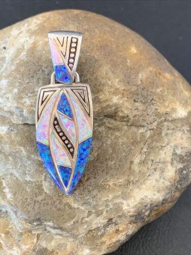 Authentic Native American Navajo Sterling Silver Pendant | Pink & Blue Opal Inlay | Handmade Jewelry | 12479