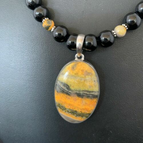 Men's Navajo Pearls Onyx Bumblebee Jasper Necklace Pendant | Sterling Silver | Native American Handmade | 10323