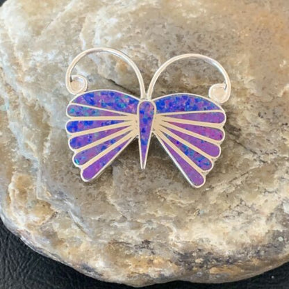 Zuni Purple Opal Butterfly Necklace Pin Pendant | Sterling Silver | Authentic Native American Handmade | 11974