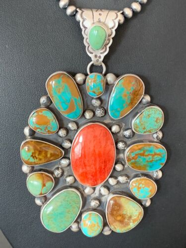 Navajo Royston Turquoise Spiny Oyster Multi-Stone Cluster Necklace | Authentic Native American Sterling Silver XL Pendant | 3237