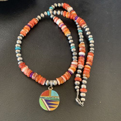 Navajo Multi-Color Spiny Turquoise Inlay Pendant Necklace | Sterling Silver | Authentic Native American Handmade | 12720